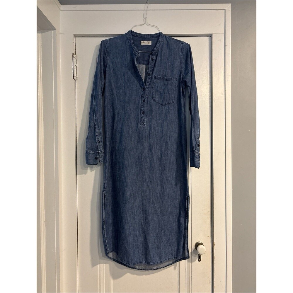Madewell Chambray Denim Collarless Shirt Dress Size Medium (Read Description)